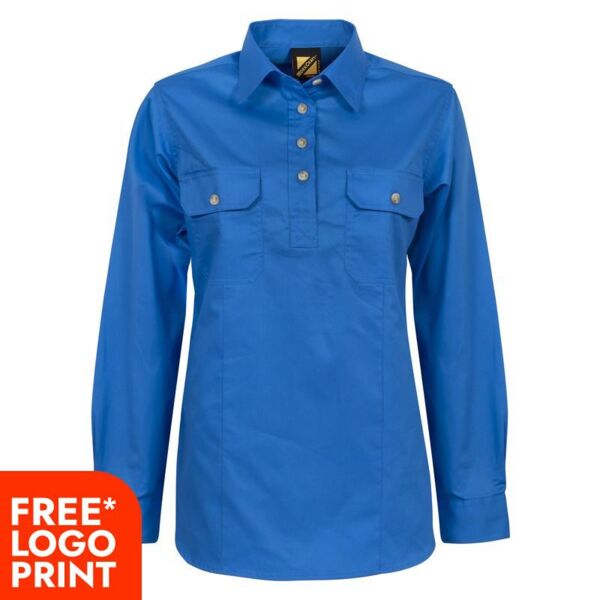 Womens Long Sleeve Half Placket Cotton Drill Shirt Thumbnail